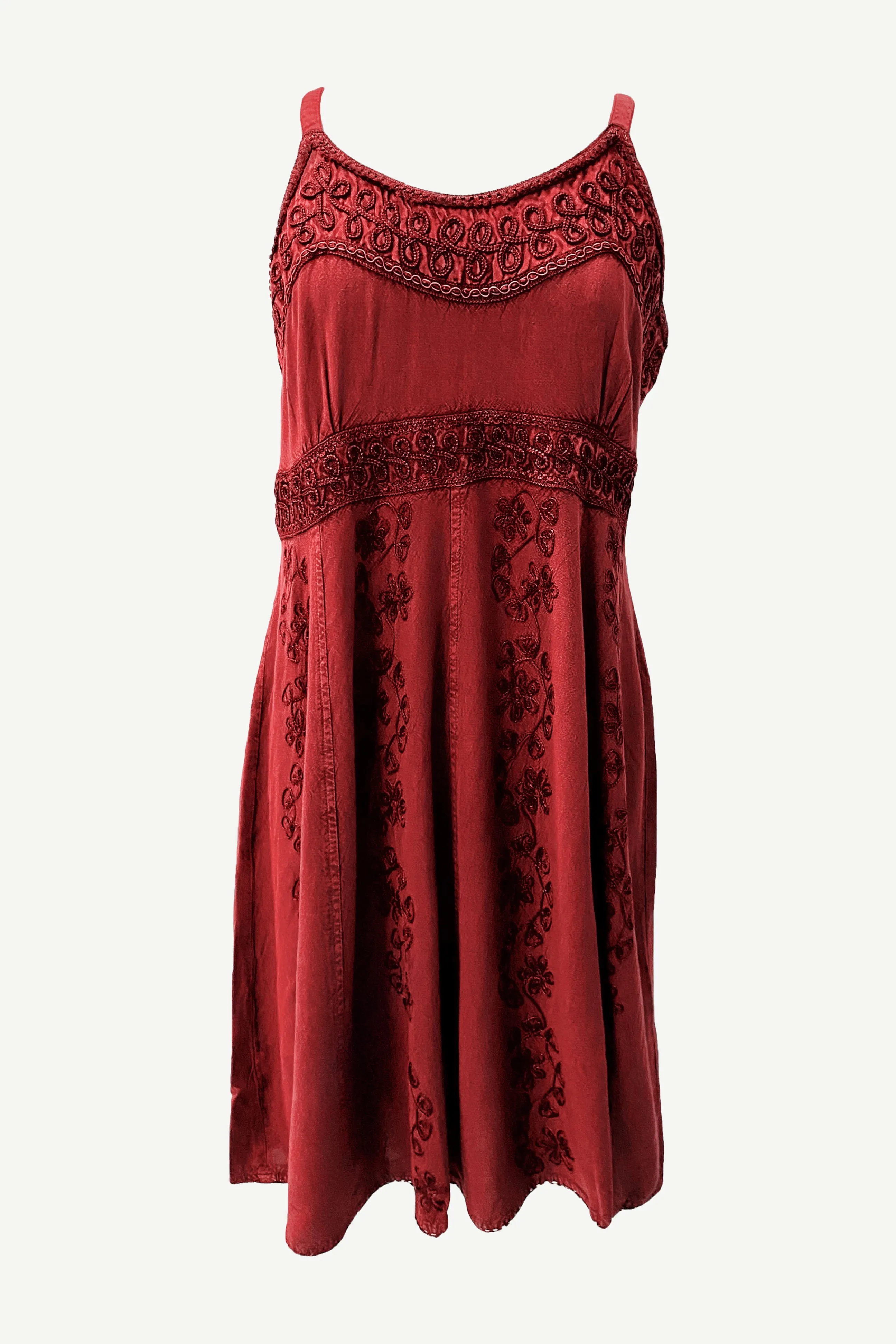 18 6017 DR Bohemian Spaghetti Strap Embroidered Smocked Elastic Mid Calf Sun Dress