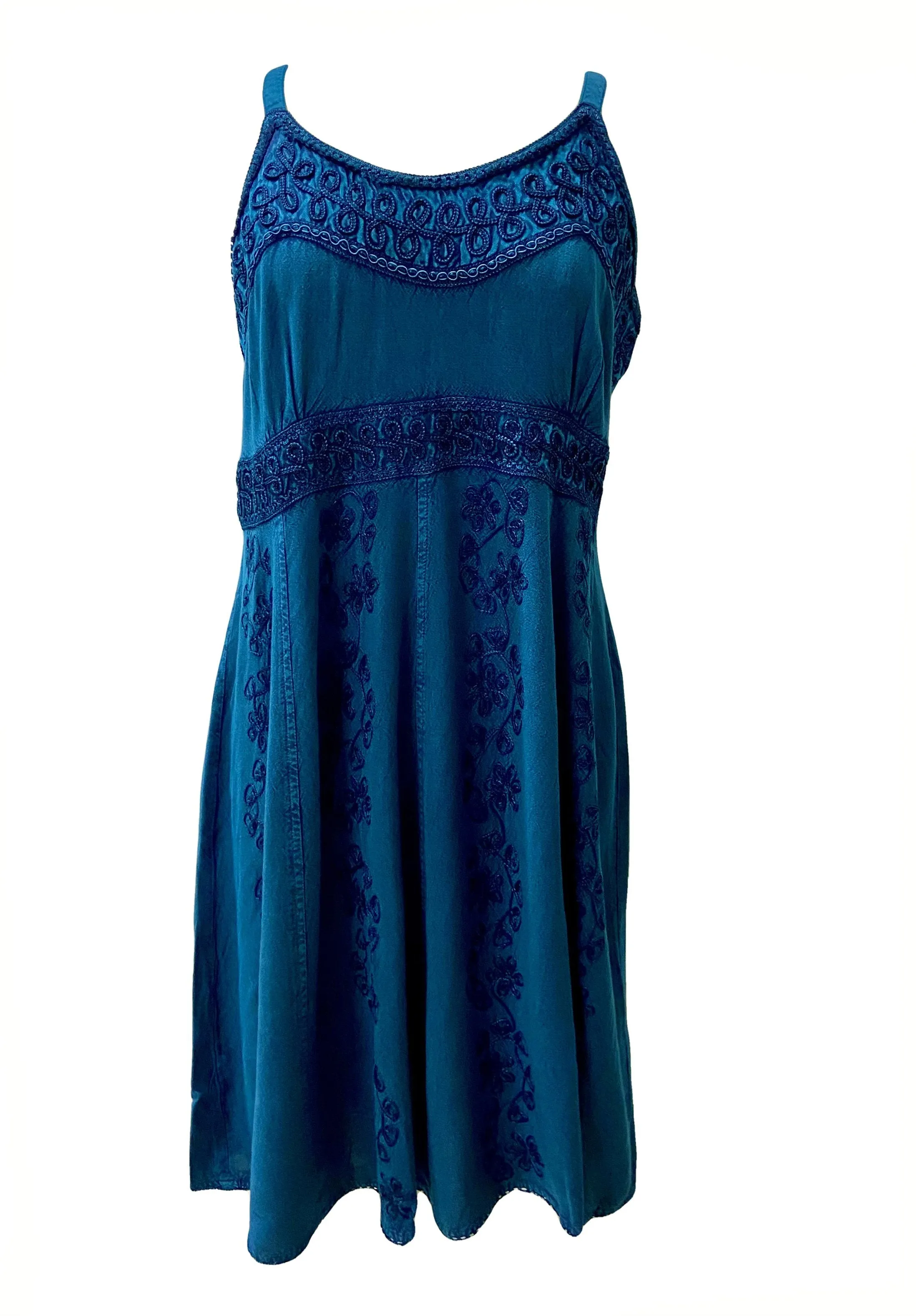18 6017 DR Bohemian Spaghetti Strap Embroidered Smocked Elastic Mid Calf Sun Dress