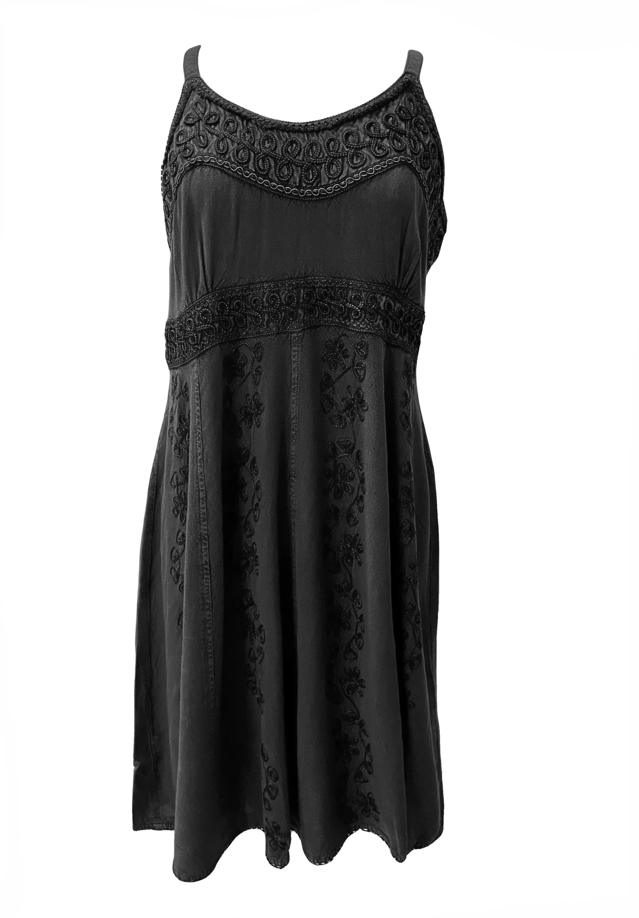 18 6017 DR Bohemian Spaghetti Strap Embroidered Smocked Elastic Mid Calf Sun Dress