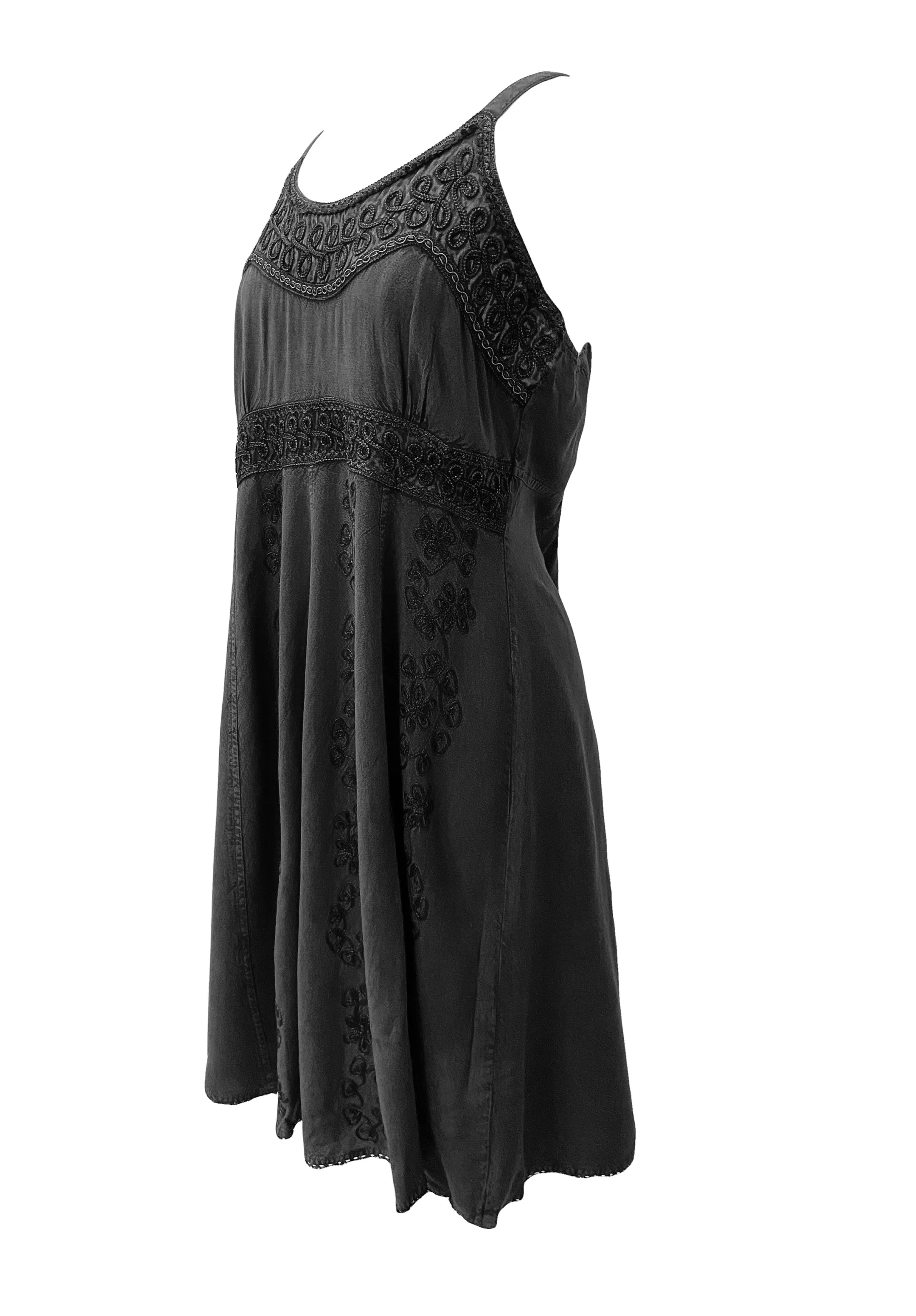 18 6017 DR Bohemian Spaghetti Strap Embroidered Smocked Elastic Mid Calf Sun Dress