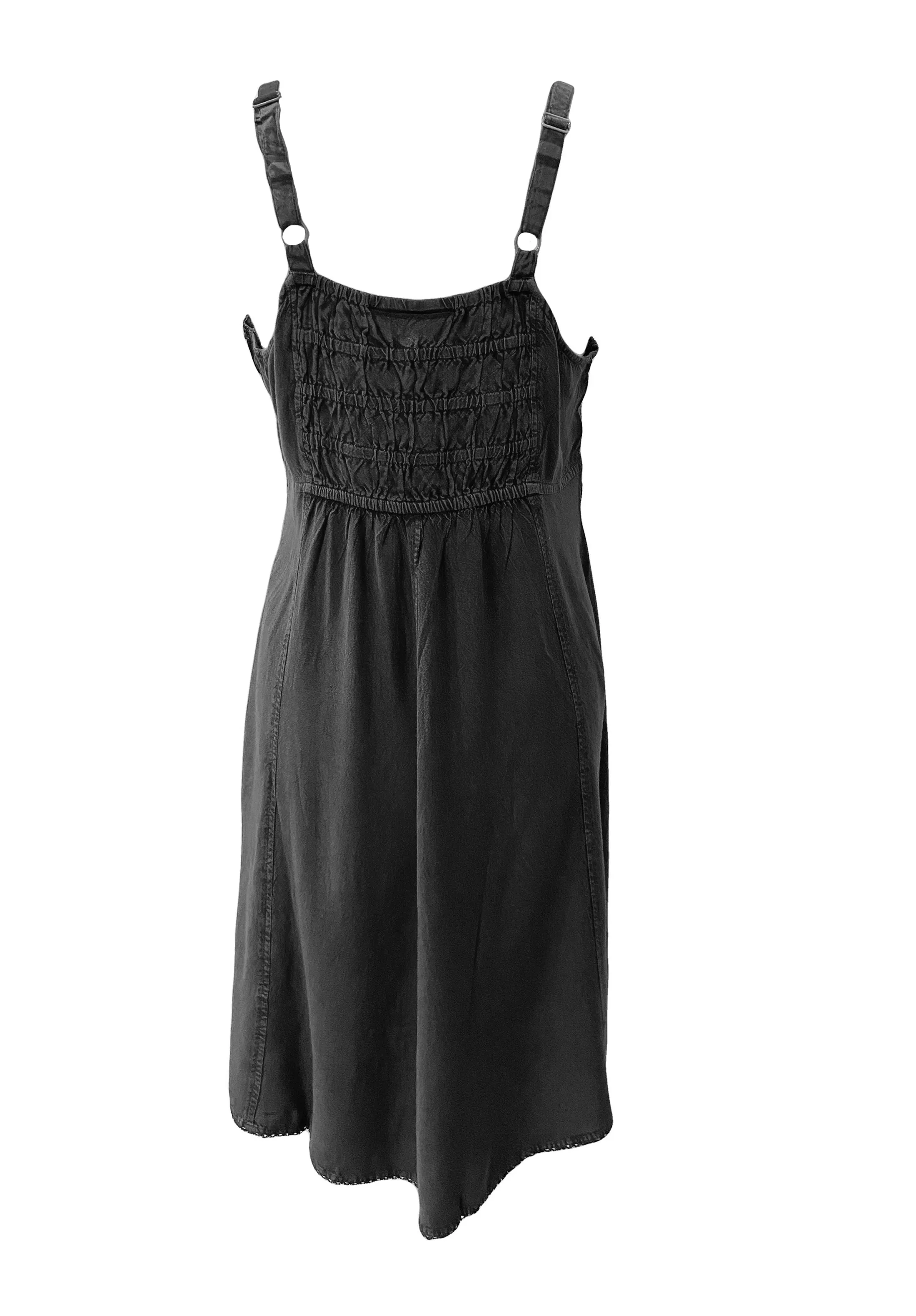 18 6017 DR Bohemian Spaghetti Strap Embroidered Smocked Elastic Mid Calf Sun Dress