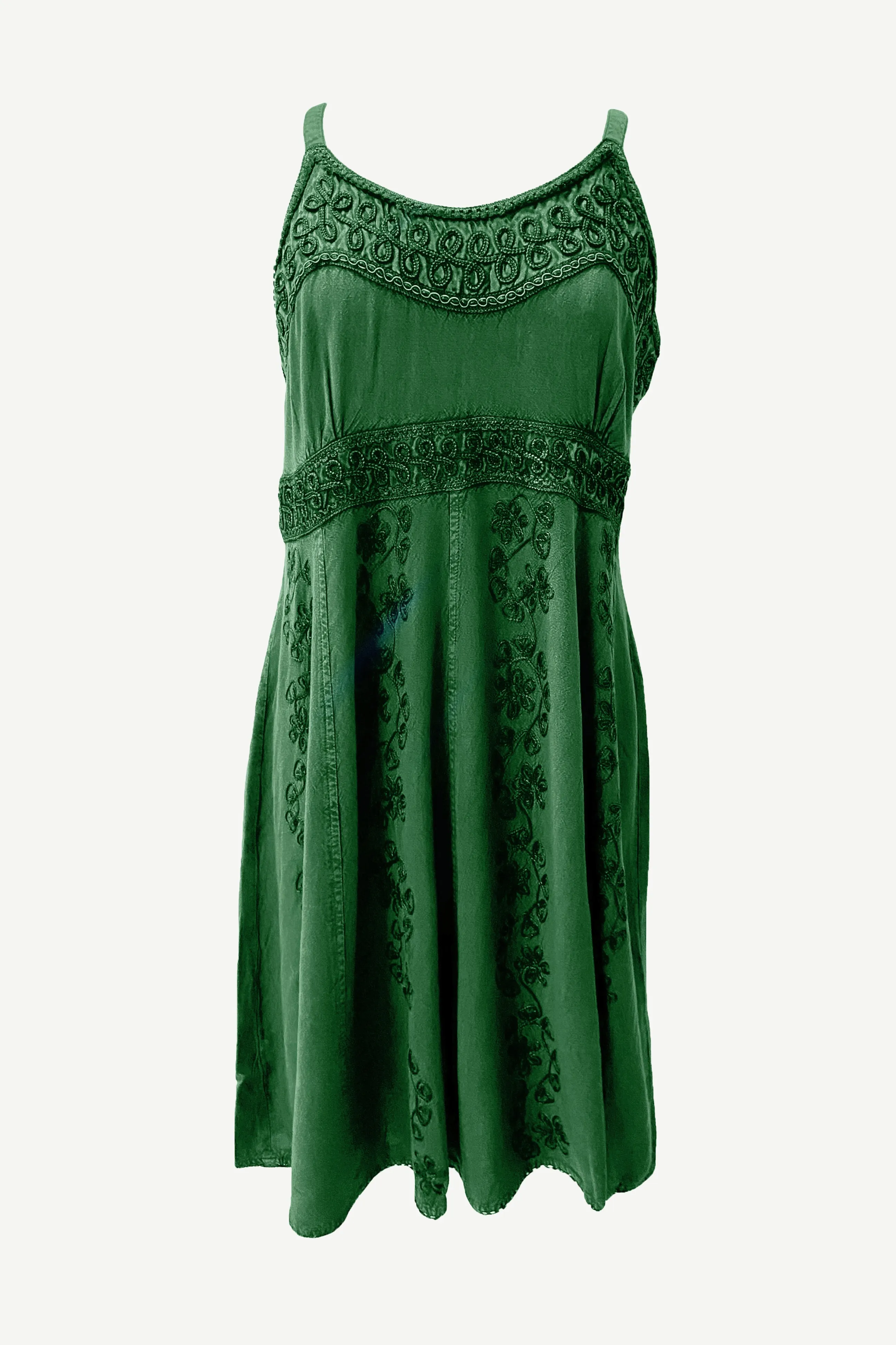 18 6017 DR Bohemian Spaghetti Strap Embroidered Smocked Elastic Mid Calf Sun Dress