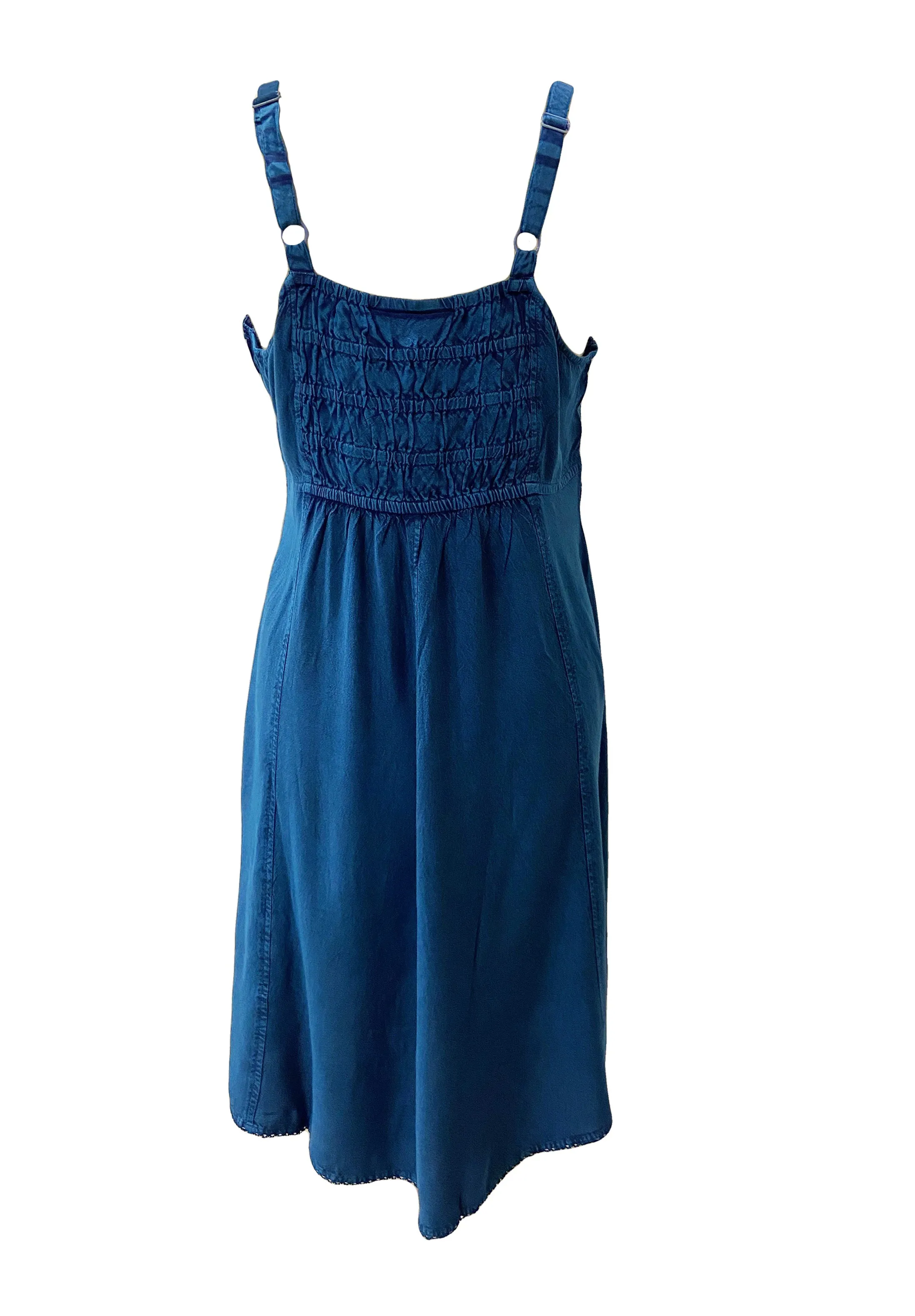 18 6017 DR Bohemian Spaghetti Strap Embroidered Smocked Elastic Mid Calf Sun Dress
