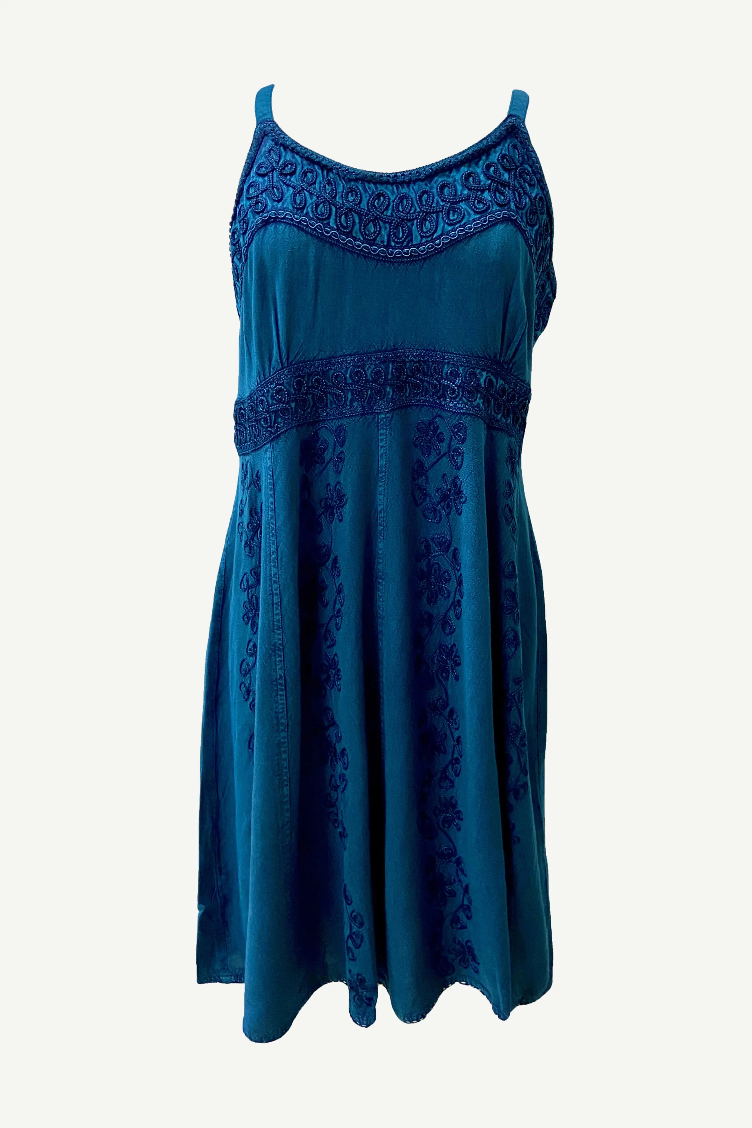 18 6017 DR Bohemian Spaghetti Strap Embroidered Smocked Elastic Mid Calf Sun Dress