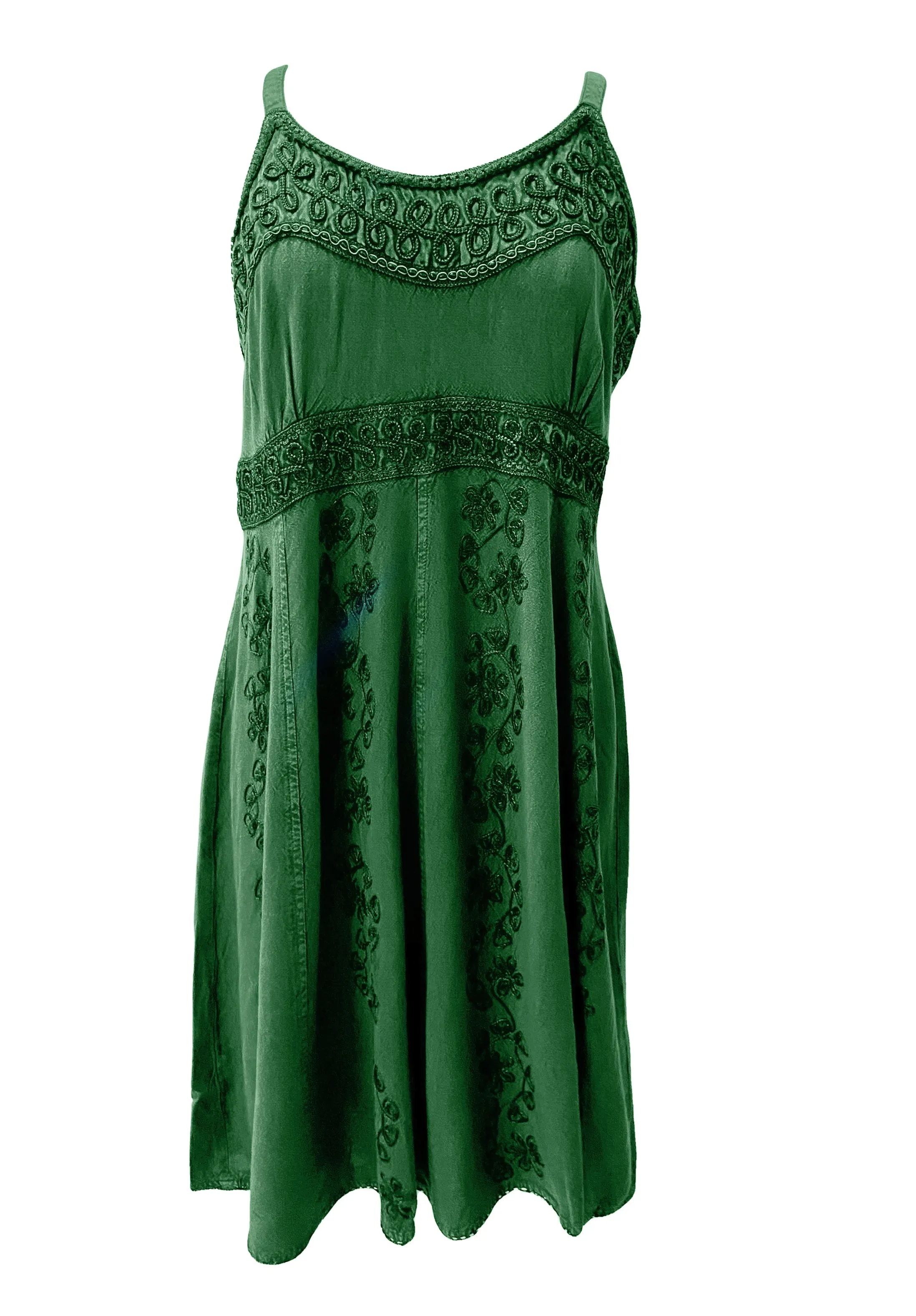 18 6017 DR Bohemian Spaghetti Strap Embroidered Smocked Elastic Mid Calf Sun Dress