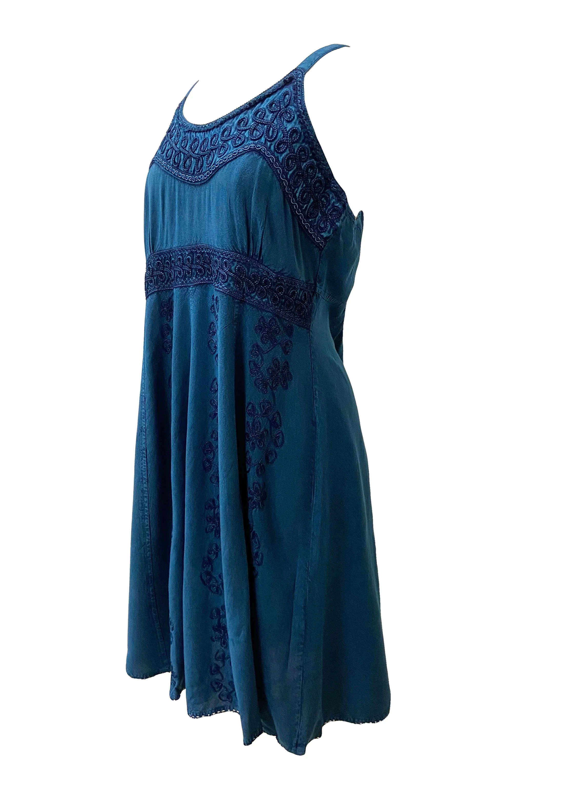 18 6017 DR Bohemian Spaghetti Strap Embroidered Smocked Elastic Mid Calf Sun Dress