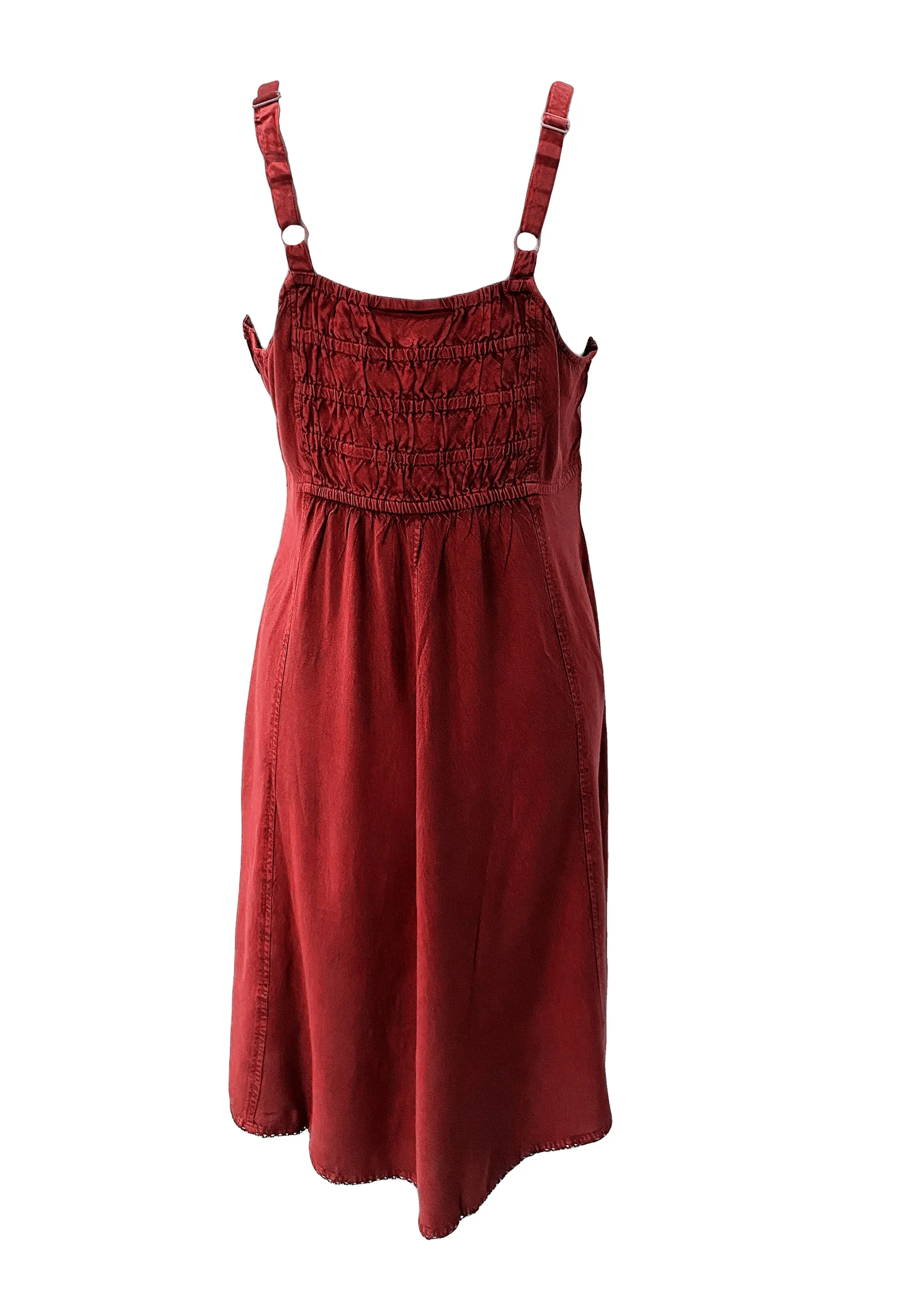 18 6017 DR Bohemian Spaghetti Strap Embroidered Smocked Elastic Mid Calf Sun Dress