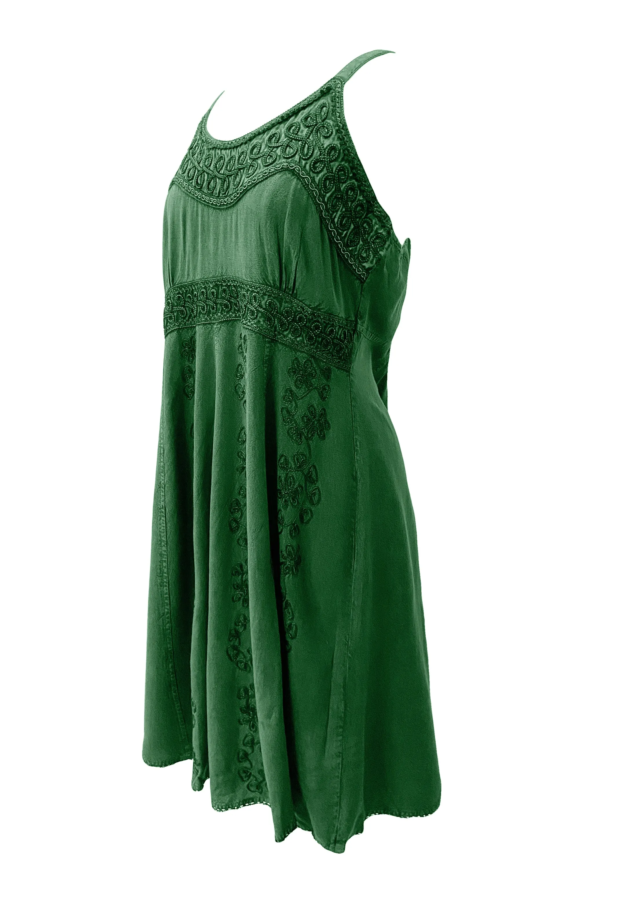 18 6017 DR Bohemian Spaghetti Strap Embroidered Smocked Elastic Mid Calf Sun Dress
