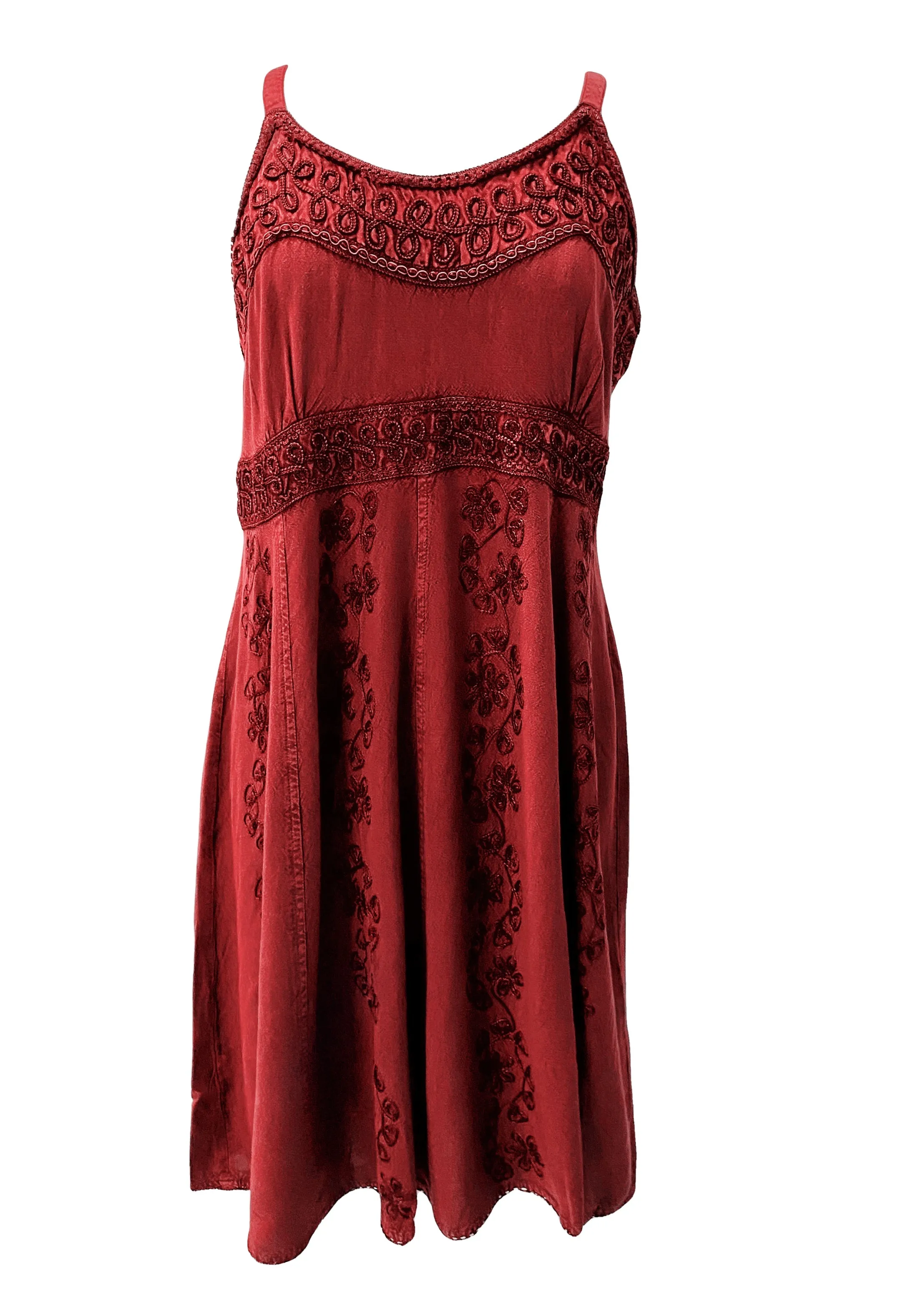 18 6017 DR Bohemian Spaghetti Strap Embroidered Smocked Elastic Mid Calf Sun Dress