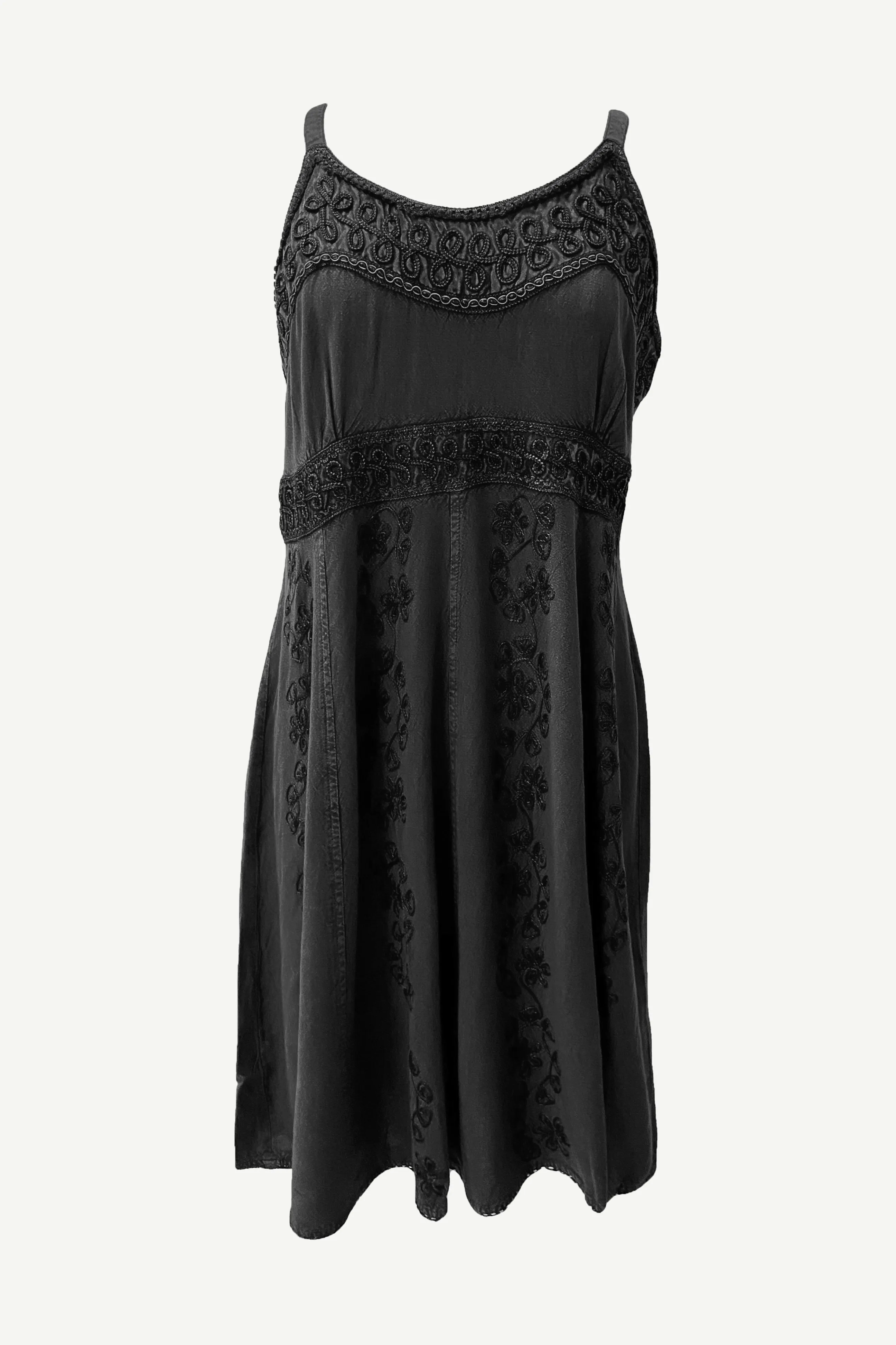 18 6017 DR Bohemian Spaghetti Strap Embroidered Smocked Elastic Mid Calf Sun Dress