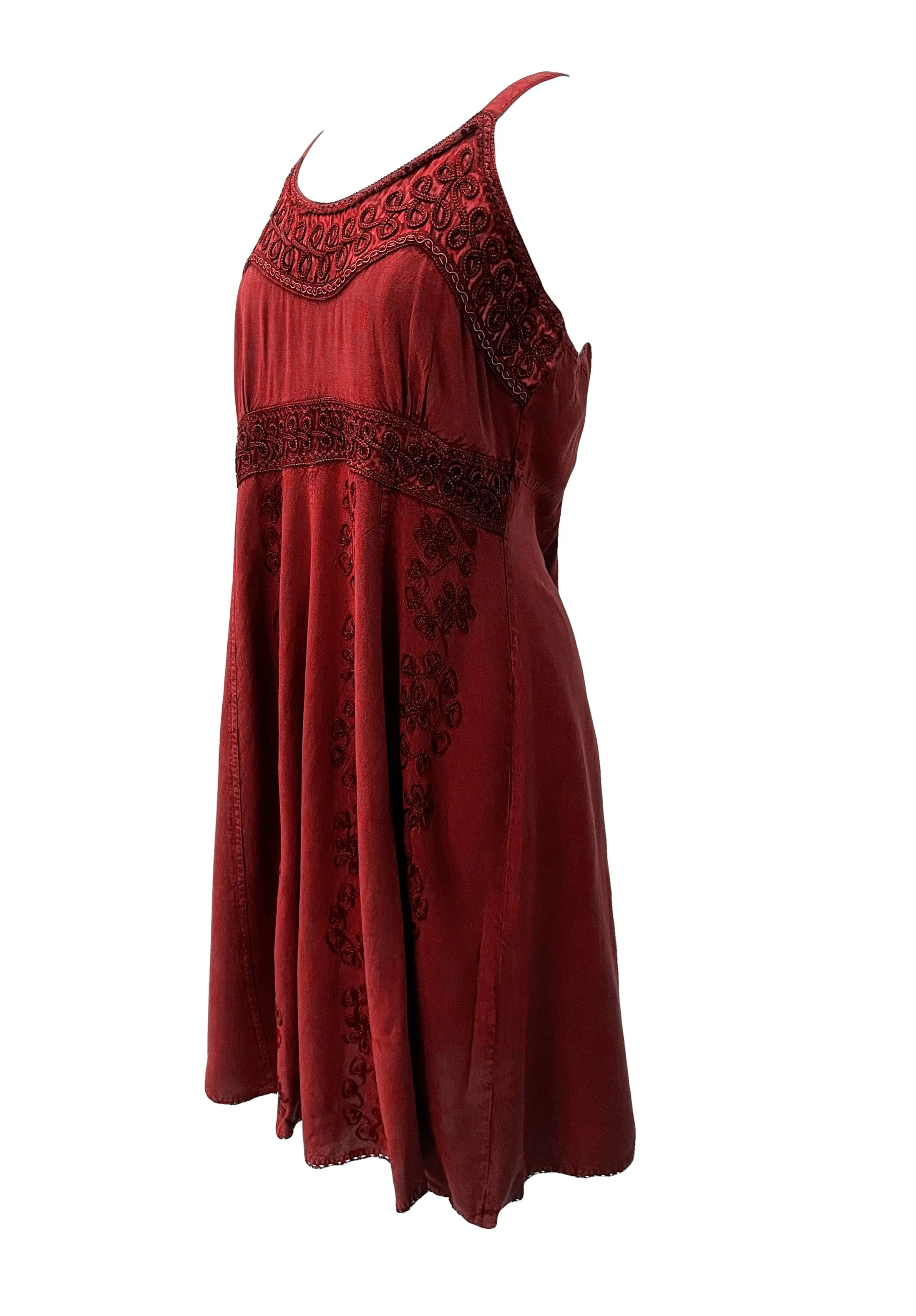 18 6017 DR Bohemian Spaghetti Strap Embroidered Smocked Elastic Mid Calf Sun Dress