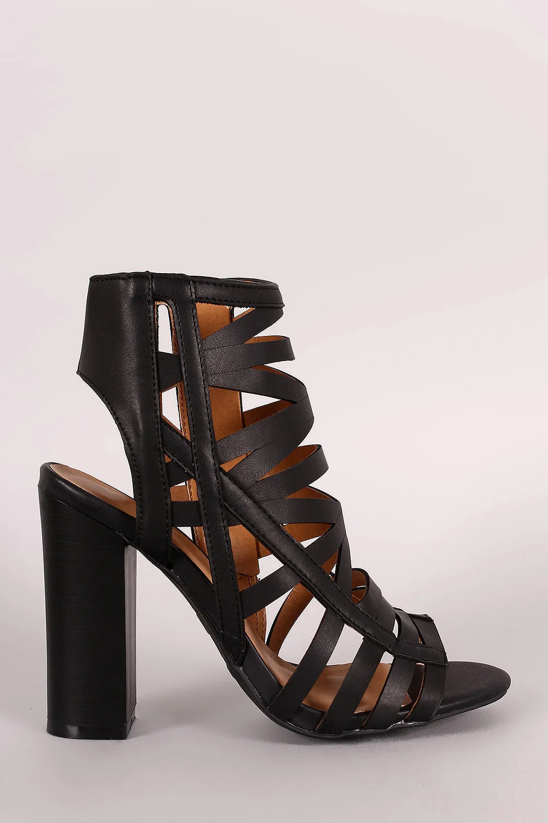 Bamboo Strappy Cutout Peep Toe Chunky Heel