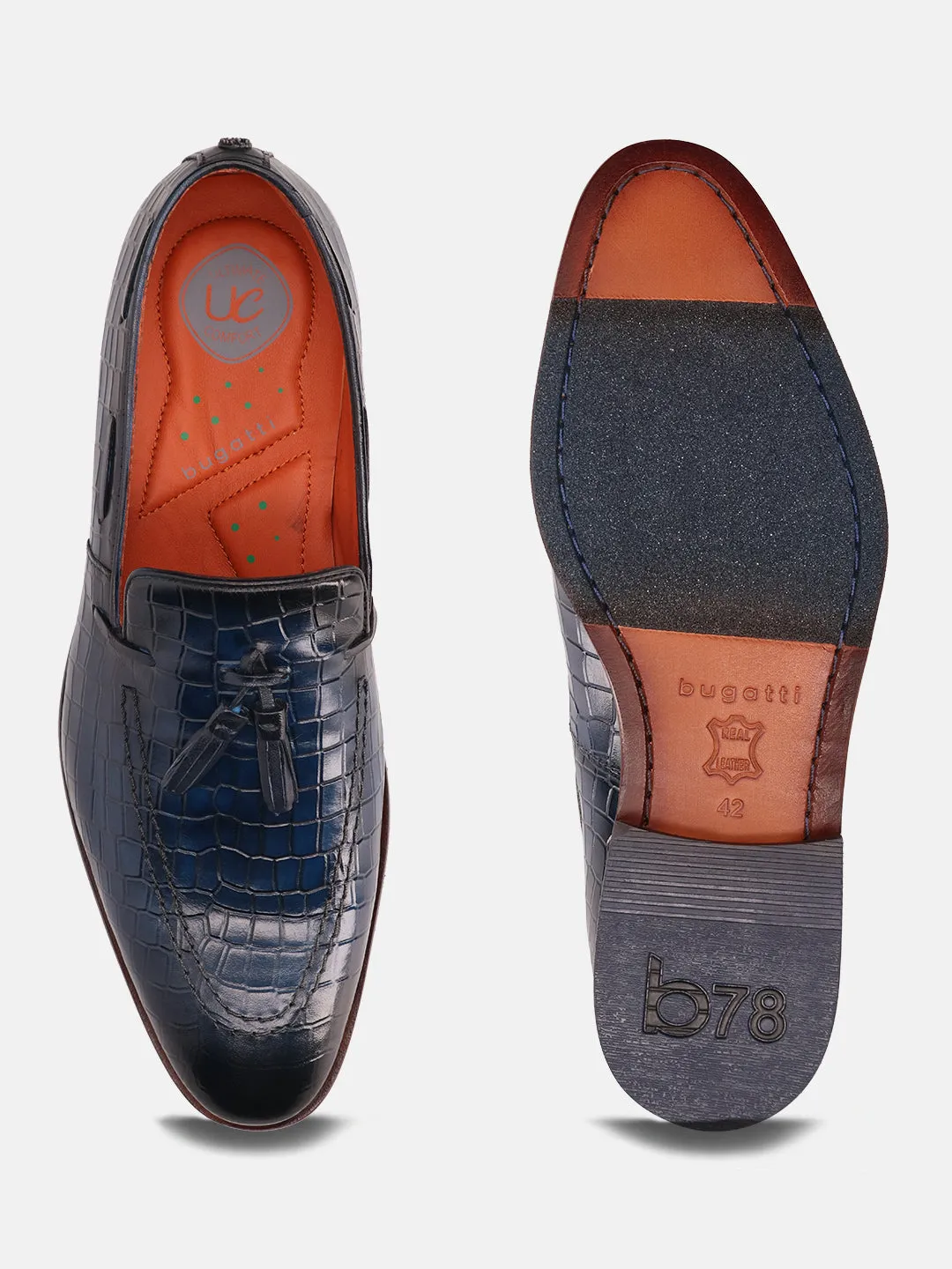 bugatti Blue Premium Leather Formal Slip-Ons