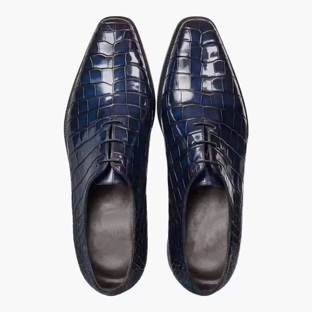 Crocodile Shoes Mens Crocodile Derby Lace-up Dress Shoe Vintage Blue
