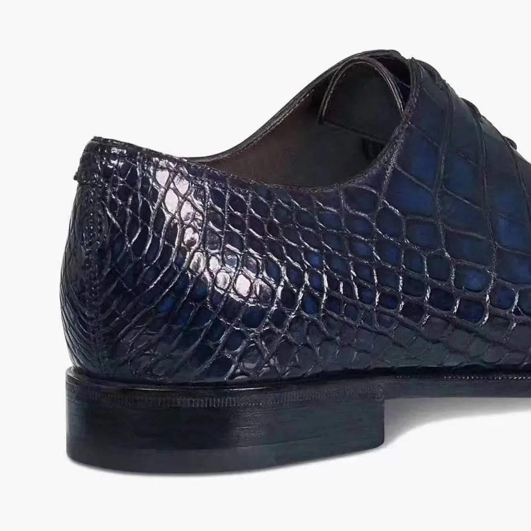 Crocodile Shoes Mens Crocodile Derby Lace-up Dress Shoe Vintage Blue
