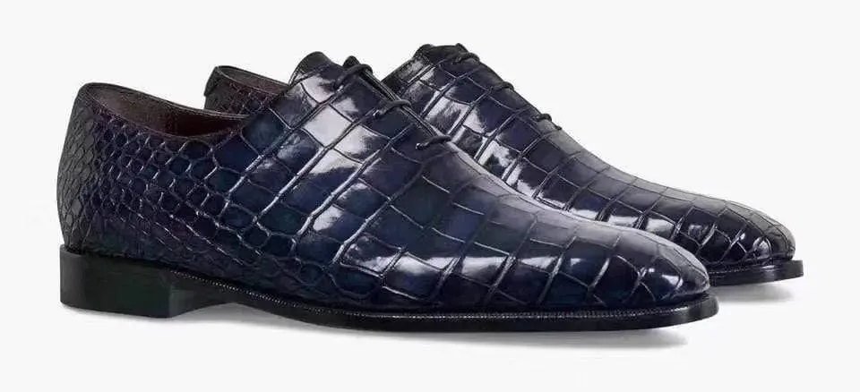 Crocodile Shoes Mens Crocodile Derby Lace-up Dress Shoe Vintage Blue