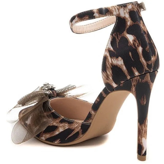 Leopard Print Pointed Toe High Heel Bow Shoes