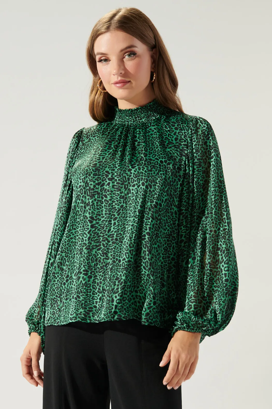 Loren Leopard Figaro Balloon Sleeve Blouse