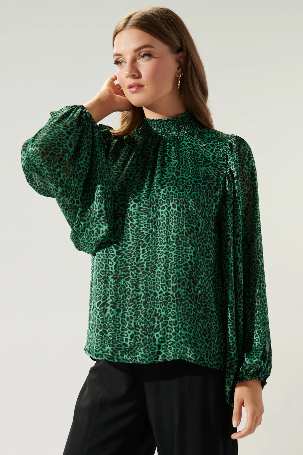 Loren Leopard Figaro Balloon Sleeve Blouse