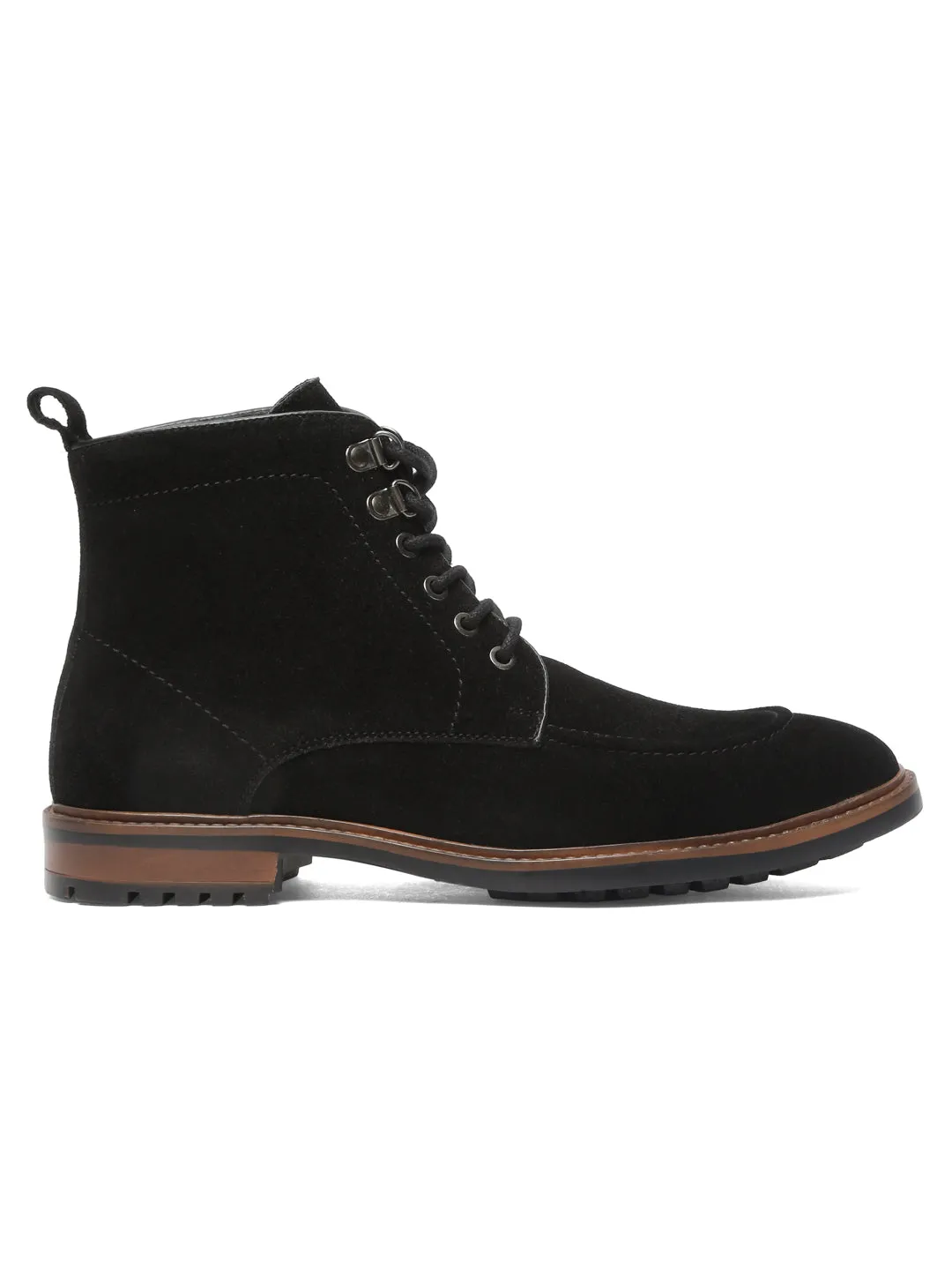 Men Black Leather Mid Top Lace-Up Boots
