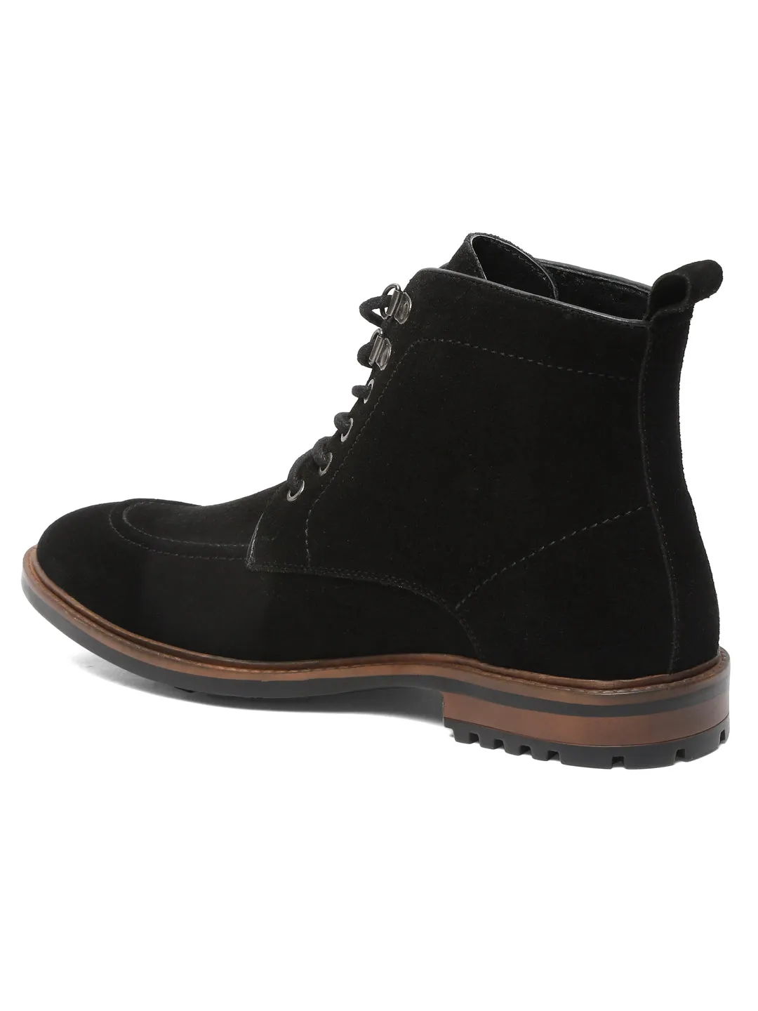 Men Black Leather Mid Top Lace-Up Boots