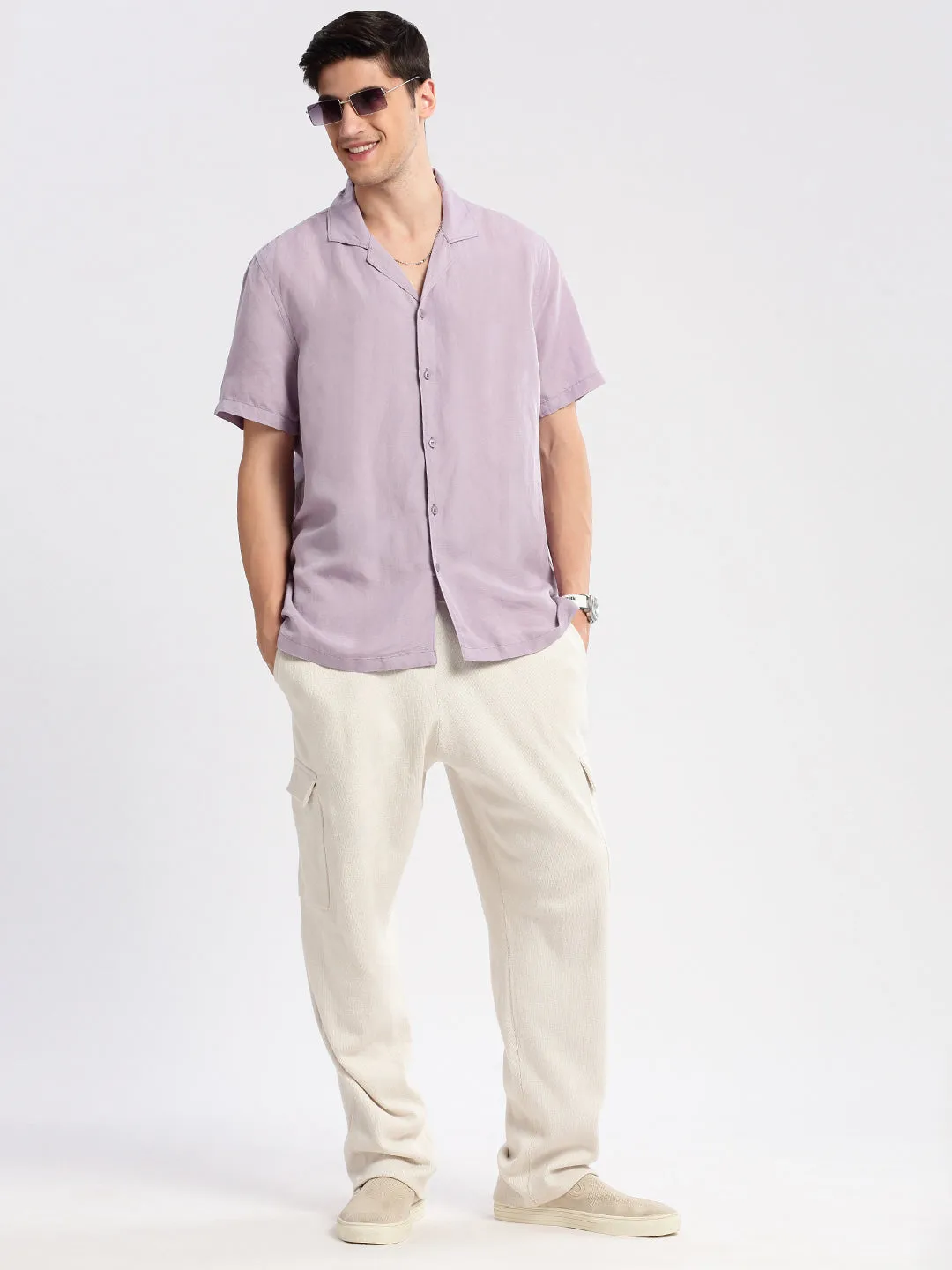 Men Cuban Collar Solid Lavender Casual Shirt