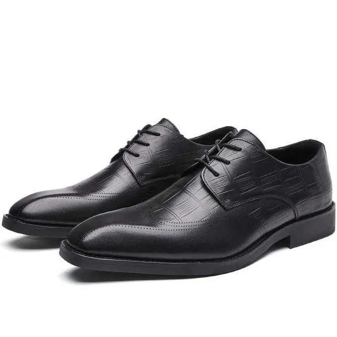Men grid embossed leather loafers square toe formal loafers