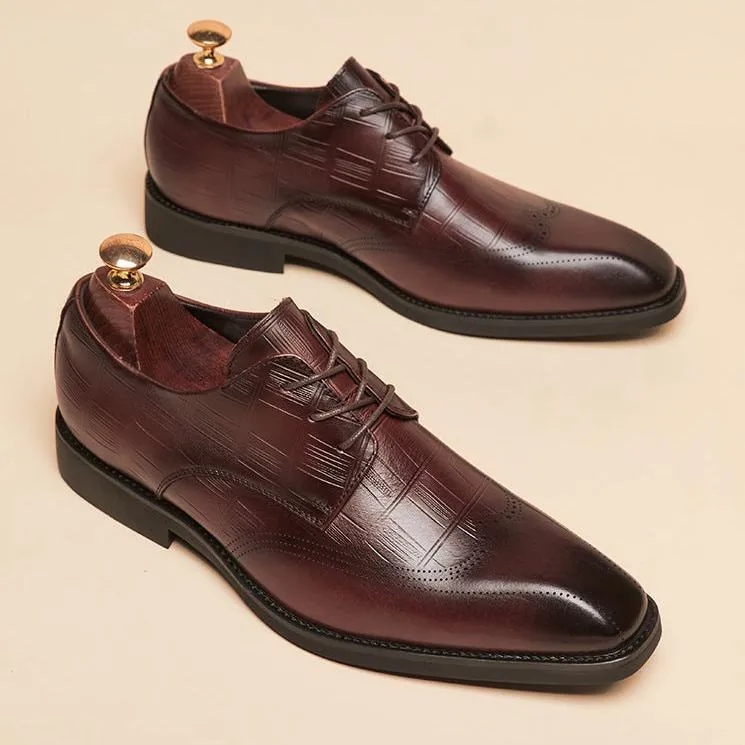 Men grid embossed leather loafers square toe formal loafers
