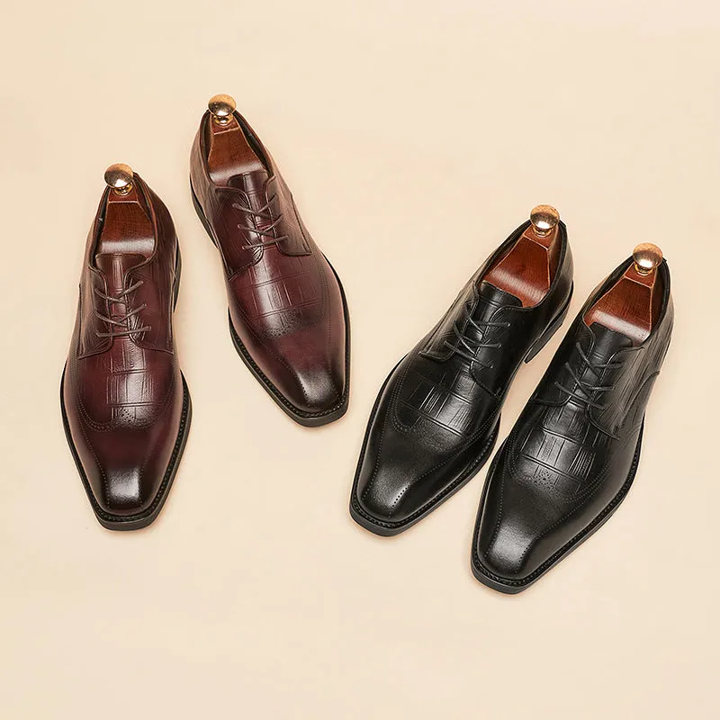 Men grid embossed leather loafers square toe formal loafers