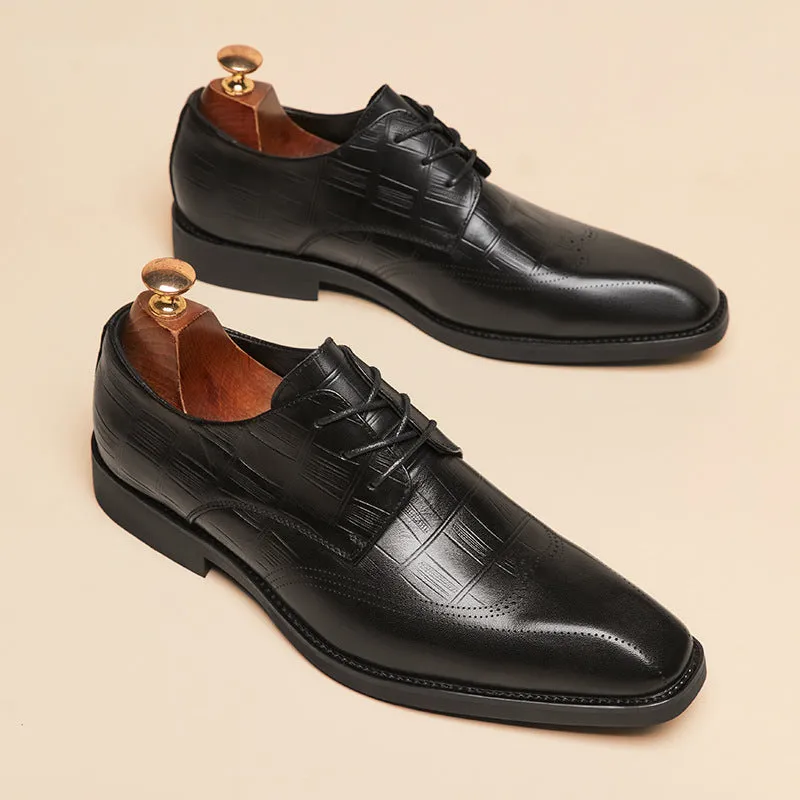 Men grid embossed leather loafers square toe formal loafers