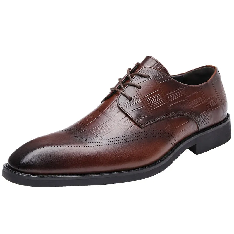 Men grid embossed leather loafers square toe formal loafers