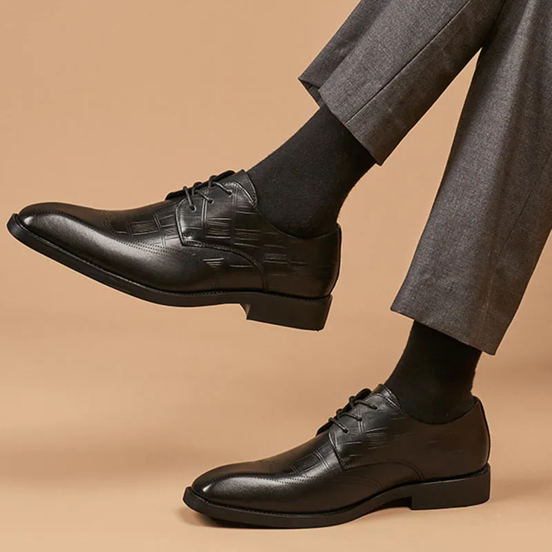 Men grid embossed leather loafers square toe formal loafers