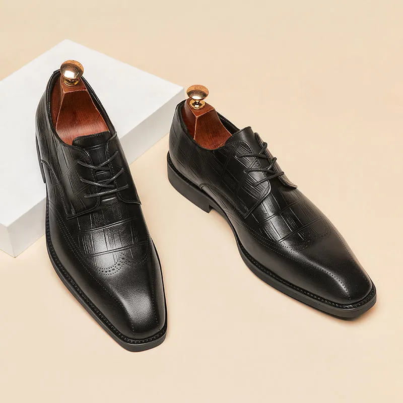 Men grid embossed leather loafers square toe formal loafers