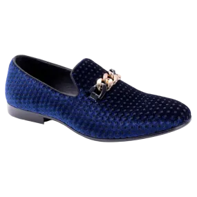 Men's Blue Velvet Material Slip-on Shoe Gold Chain Luxury Loafer