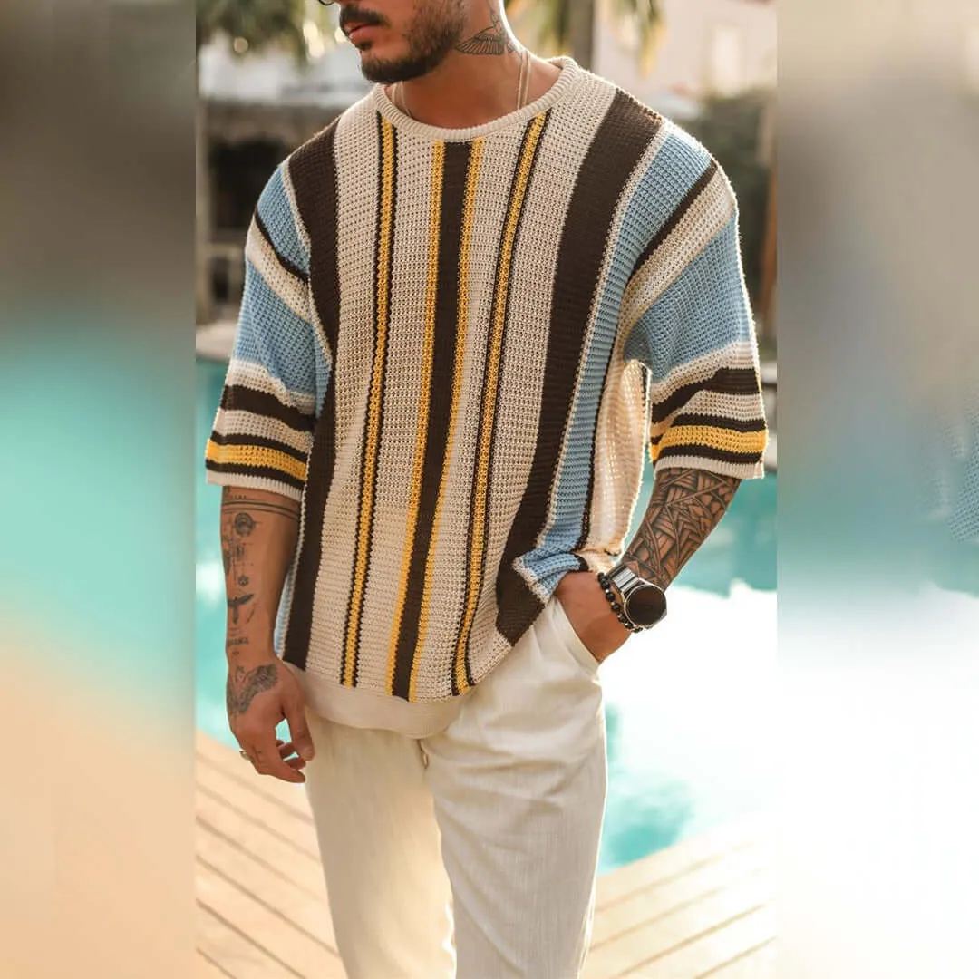 Men's Short Sleeve Striped Knit Sweater