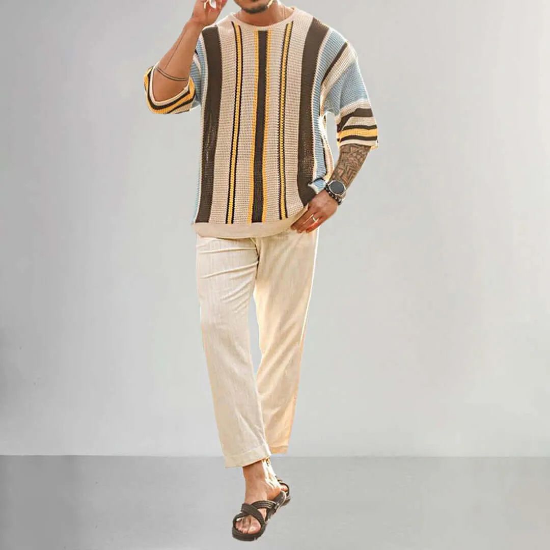 Men's Short Sleeve Striped Knit Sweater