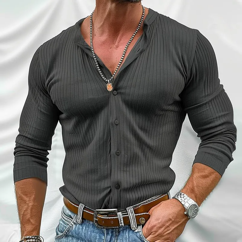 Men's Solid Color Striped Round Neck Long Sleeve Shirt