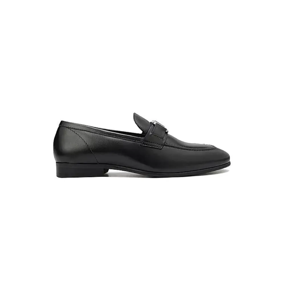 Navy Leather Loafers With Logo