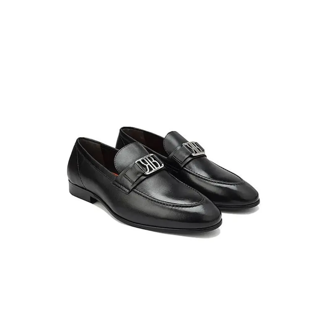 Navy Leather Loafers With Logo