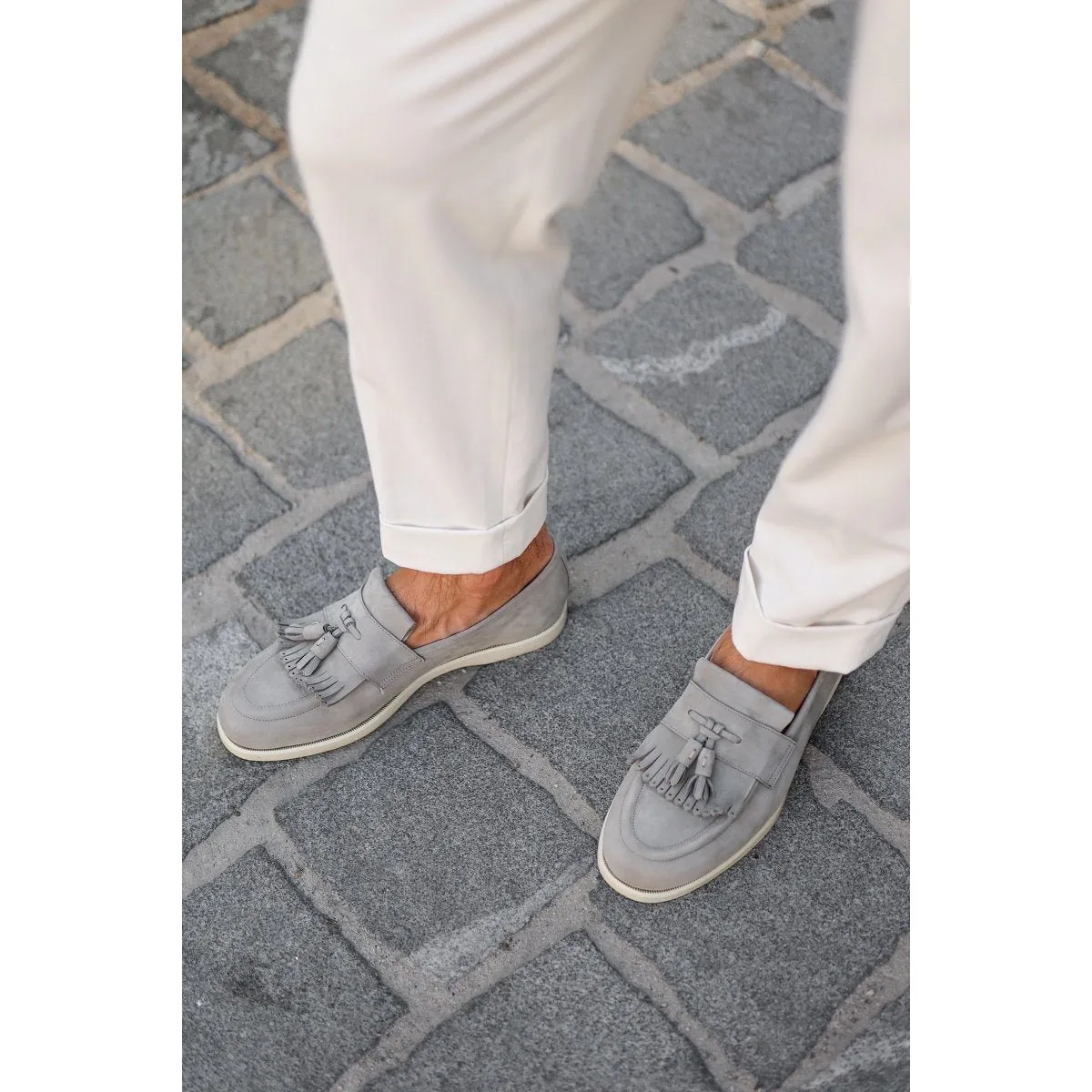 SUPERGLAMOUROUS Gipsy Men's Shoes Grey Nabuk Deck Tassels Loafers (SPGM1221)
