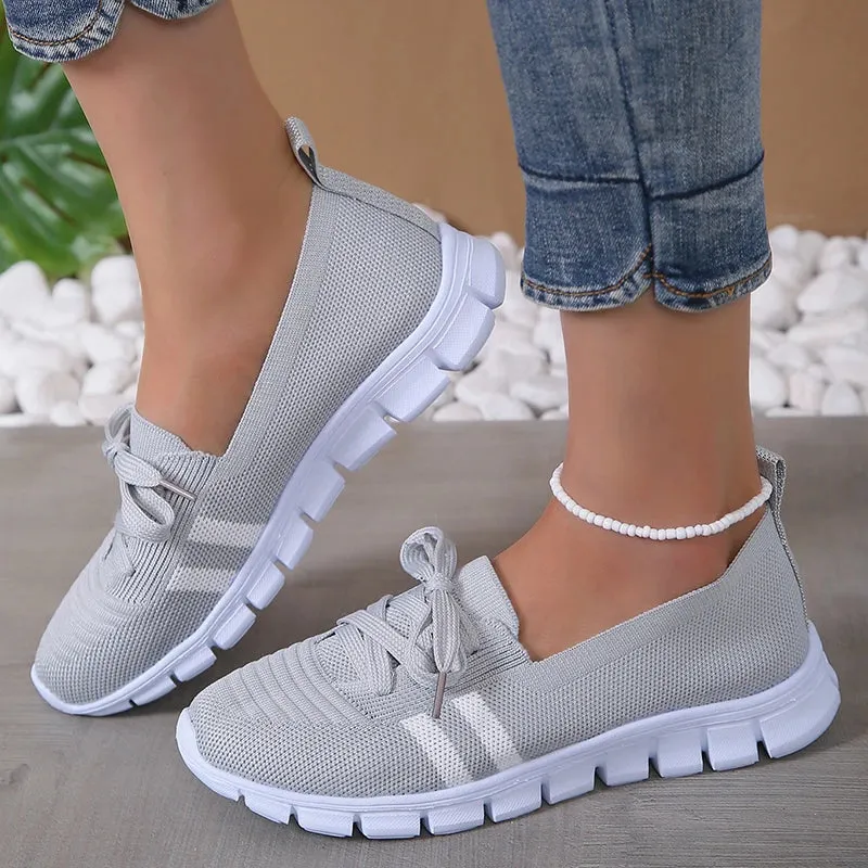 Women 2024 Knitted Striped Flats Lace Up Casual Sneakers Shoes