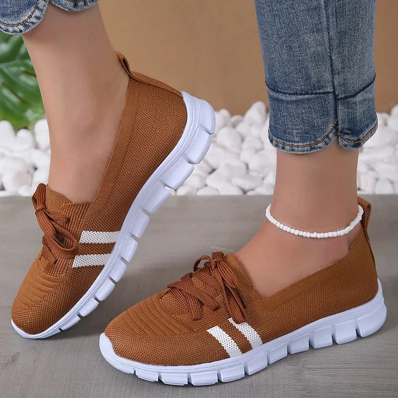 Women 2024 Knitted Striped Flats Lace Up Casual Sneakers Shoes