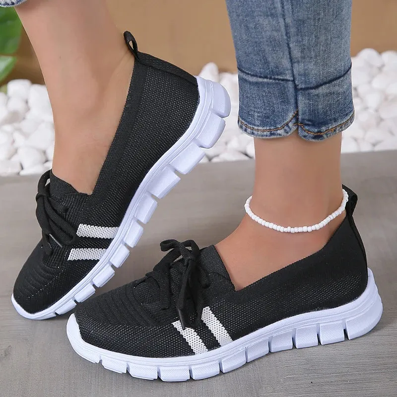 Women 2024 Knitted Striped Flats Lace Up Casual Sneakers Shoes
