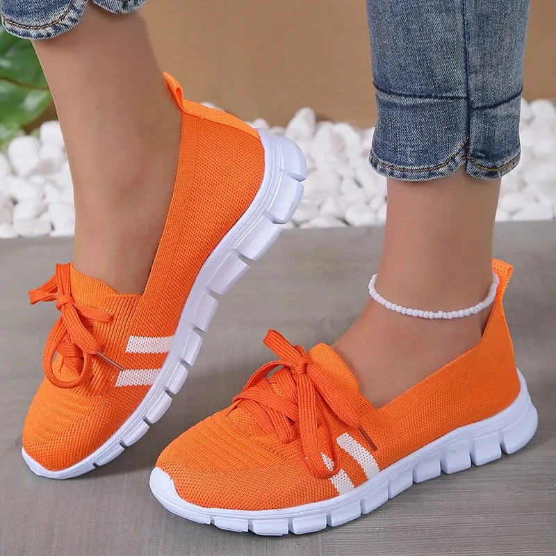 Women 2024 Knitted Striped Flats Lace Up Casual Sneakers Shoes