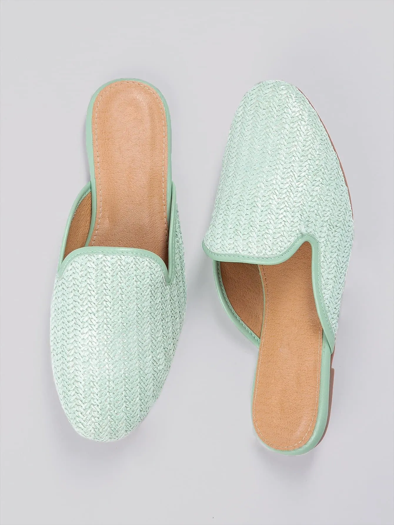 Woven Straw Almond Toe Flat Mules